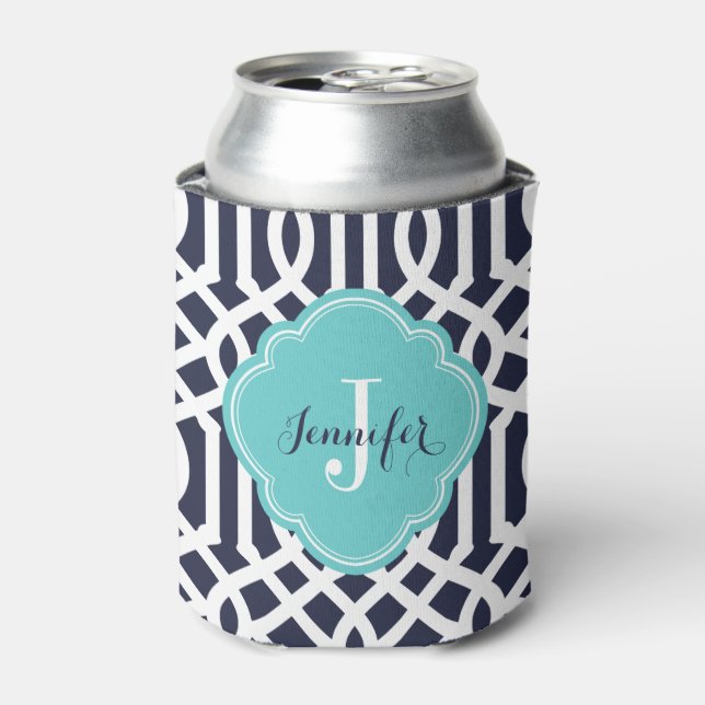 Rafraichisseur De Cannettes Monogramme de treillis bleu marine et turquoise (Can devant)