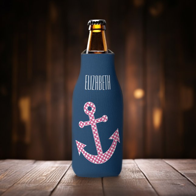 Rafraîchisseur Pour Bouteille Ancre de point rose mignon avec nom personnalisé M (Pink polka dot - Personalize this bottle cooler with your monogram.)