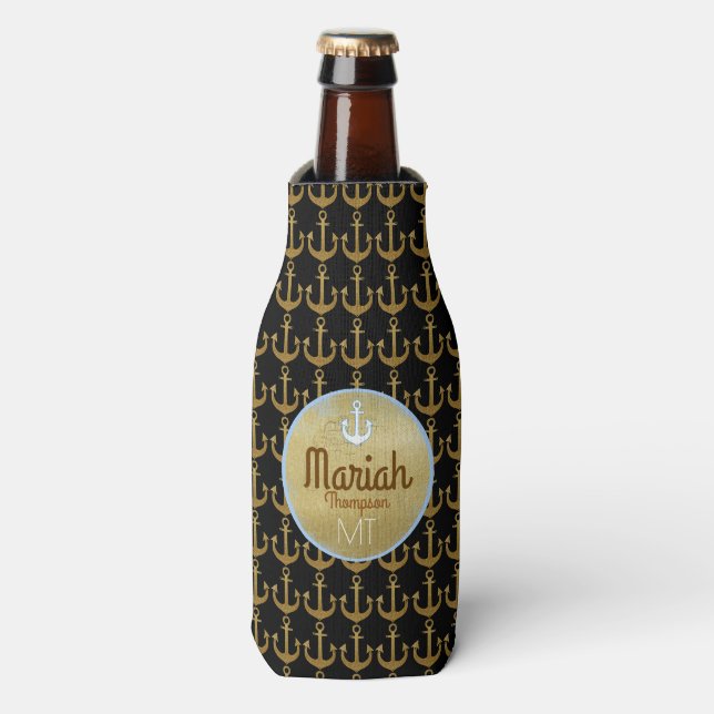 Rafraîchisseur Pour Bouteille ancres d'or de bateau nautique avec le monogramme, (Bottle Devant)