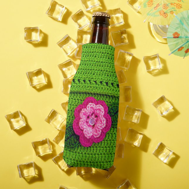 Rafraîchisseur Pour Bouteille Fleur rose avec bouton de perle Crochet vert clair (Été in situ)