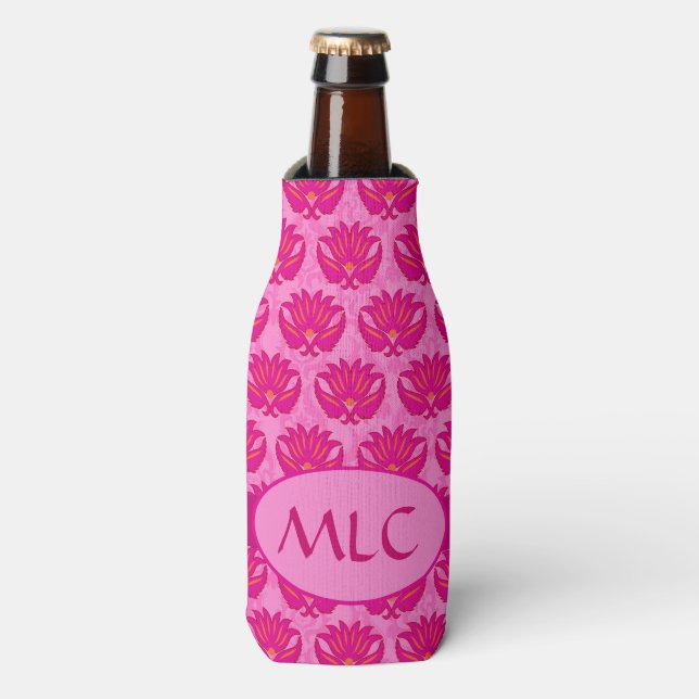 Rafraîchisseur Pour Bouteille Fuchsia rose moderne Art nouveau Damas Monogramme (Bottle Devant)