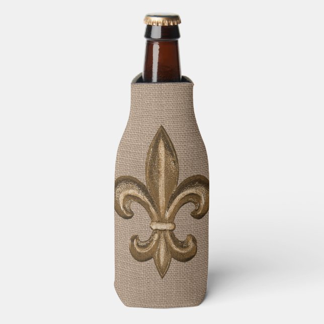 Rafraîchisseur Pour Bouteille Louisiane Gold Fleur de Lis Faux Burlap (Bottle Devant)
