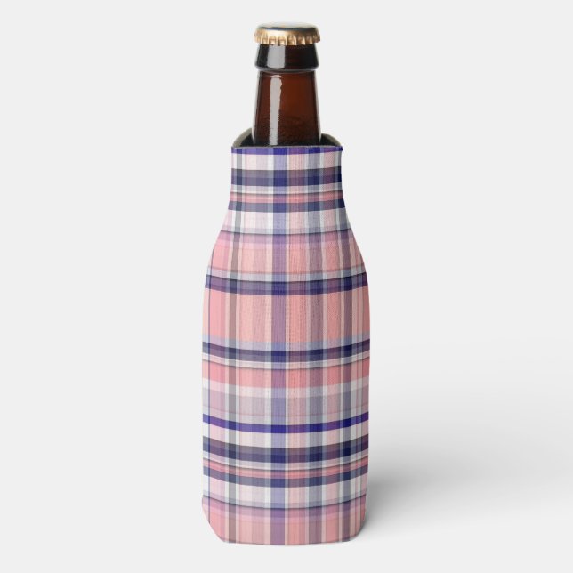 Rafraîchisseur Pour Bouteille Marine Rose Bleu Blanc Preppy Madras Plaid (Bottle Devant)