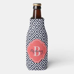 Rafraîchisseur Pour Bouteille Monogramme clé grecque marine bleu et corail