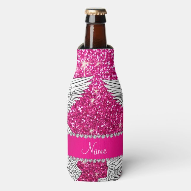 Rafraîchisseur Pour Bouteille Nom personnalisé neon rose chaud parties scintilla (Bottle Devant)