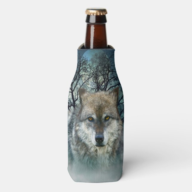 Rafraîchisseur Pour Bouteille Pleine lune de loup dans le brouillard (Bottle Devant)