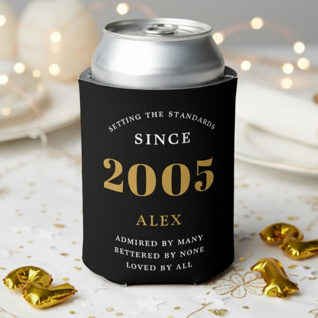 Rafraîchisseur Pour Canette 21st Birthday Name 2006 Black Gold Elegant Chic (2005 can cooler on a white background.)