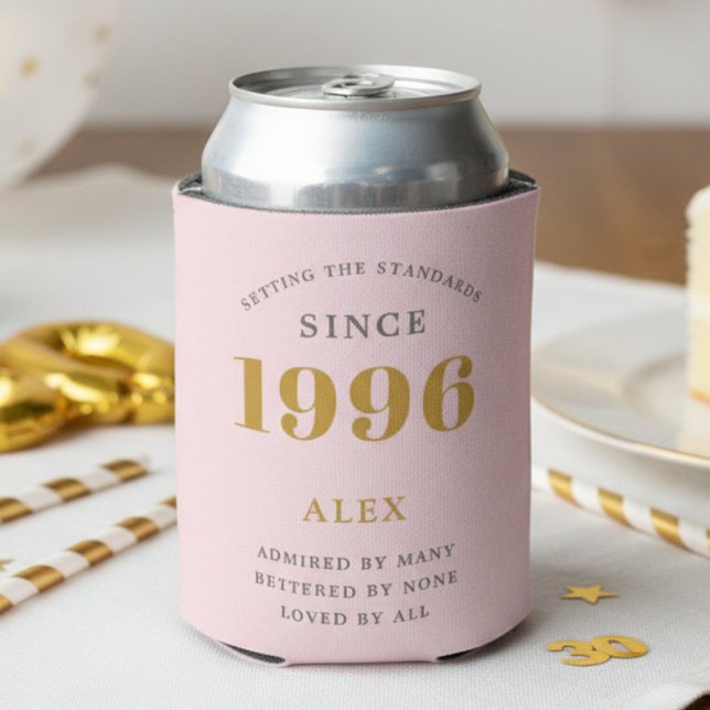Rafraîchisseur Pour Canette 30th Birthday 1996 Keepsake Elegant Personalized (1996 pink can cooler with white background)