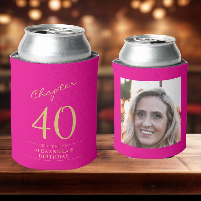 Rafraîchisseur Pour Canette 40e anniversaire Hot Pink Gold Modèle photo (Two custom hot pink can coolers on bar top to show front and rear.)