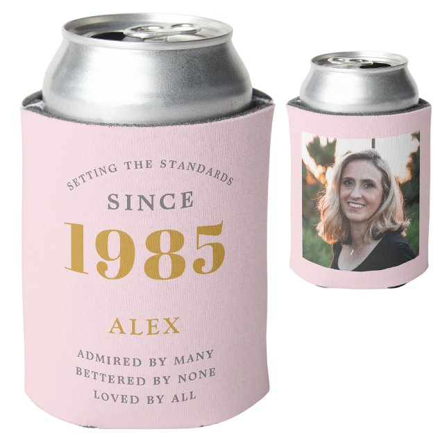 Rafraîchisseur Pour Canette 40e anniversaire Nom 1985 Chic rose Grey Photo (pink gold grey personalized 40th birthday can cooler with photograph)