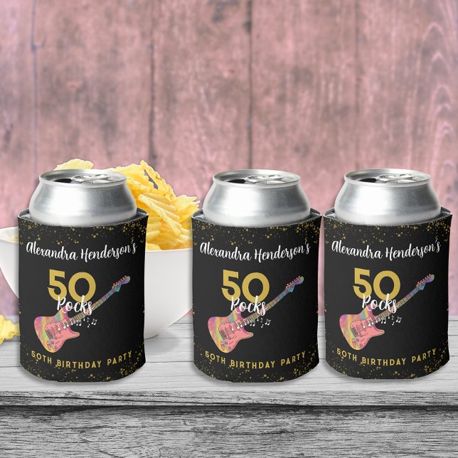 Rafraîchisseur Pour Canette 50 Rocks 50e fête d'anniversaire Pink Black Gold (50 Rocks 50th birthday party pink black and gold glitter cool funky guitar personalized can coolers )