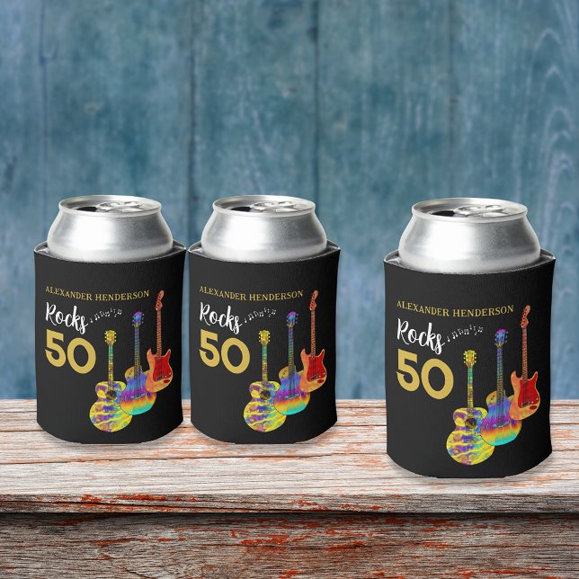 Rafraîchisseur Pour Canette 50e fête d'anniversaire 50 rochers Personnalisé (Rock and roll 50th birthday party for him funky guitar gold and black personalized can cooler)