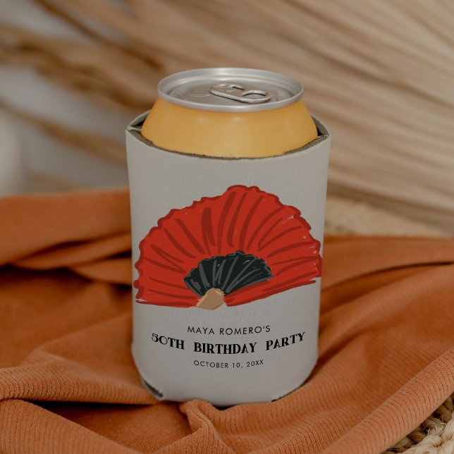 Rafraîchisseur Pour Canette 50ème Fan Flamenco Rouge (Red and black flamenco fan illustration birthday party can cooler.)
