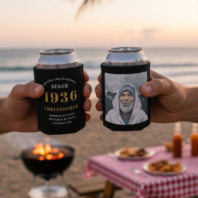Rafraîchisseur Pour Canette 90e anniversaire Black Gold avec photo (1936 can coolers with beach background)