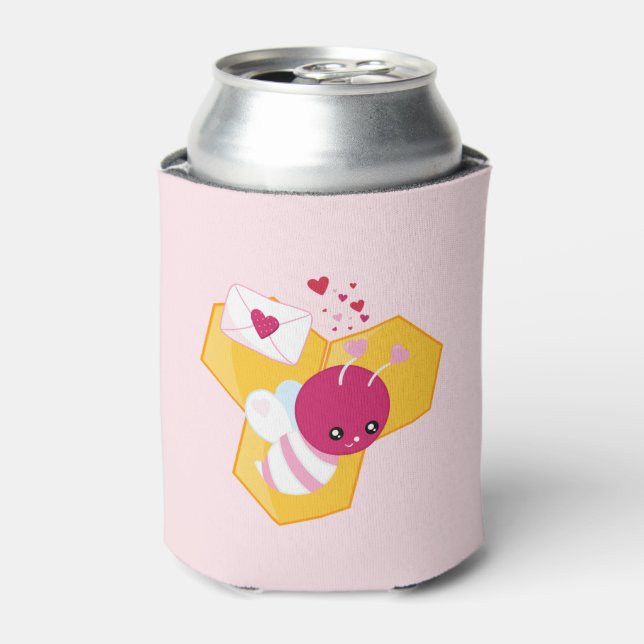 Rafraîchisseur Pour Canette Abeille mignonne aux Coeurs de Saint-Valentin rose (Can devant)