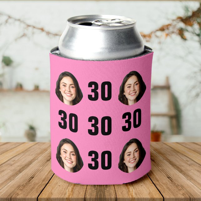 Rafraîchisseur Pour Canette Amusant Unique 30e anniversaire Photo Cool Retro (A pink beer sleeve with five black "30" numbers and four smiling face photos evenly arranged.)