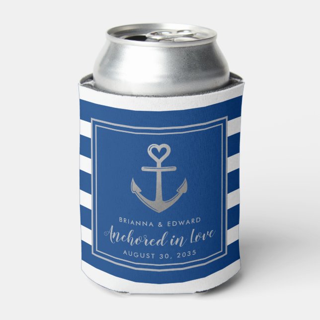 Rafraîchisseur Pour Canette Ancre d'argent Bleu Blancs Bleu Bleu Mariage nauti (Can devant)