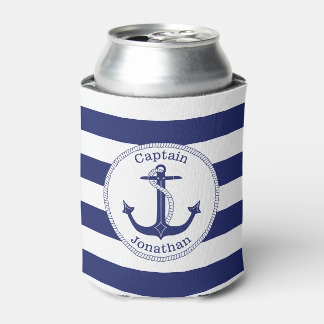 Rafraîchisseur Pour Canette Ancre nautique Marine Bleu Capitaine Personnalisé (Can devant)