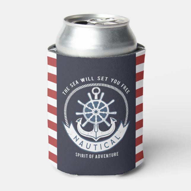Rafraîchisseur Pour Canette Ancre nautique, Roue, Bleu marine, Bandes rouges (Can devant)