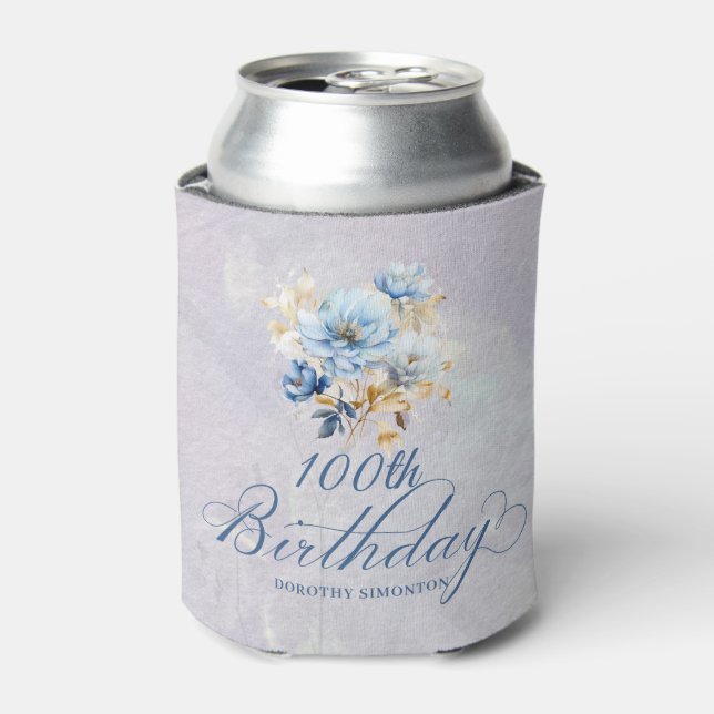 Rafraîchisseur Pour Canette Aquarelle Bleu Blanc Floral 100e anniversaire (Can devant)