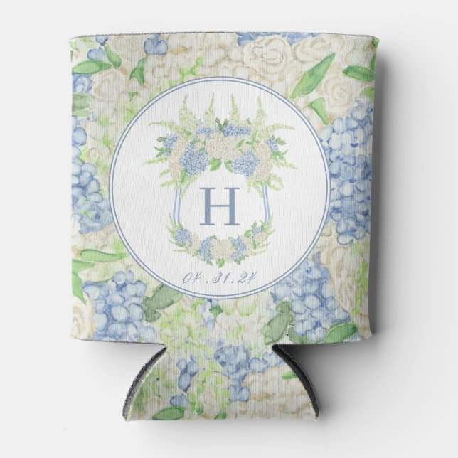 Rafraîchisseur Pour Canette Aquarelle Bleu et Blanc Hydrangea Crest (Devant)