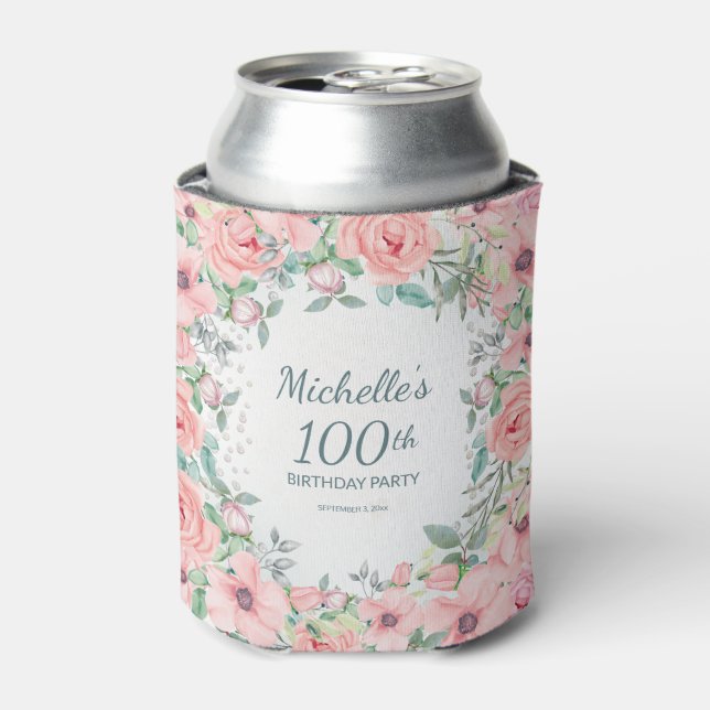 Rafraîchisseur Pour Canette Aquarelle rose Roses floraux 100e anniversaire Nom (Can devant)