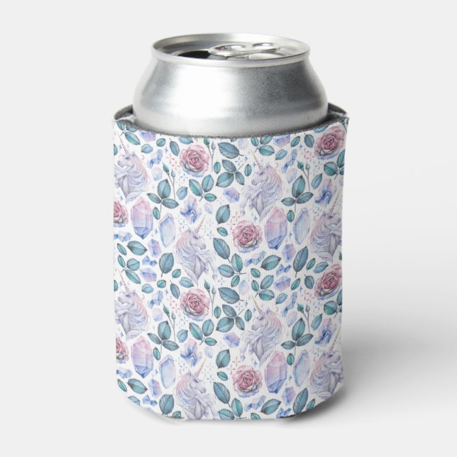 Rafraîchisseur Pour Canette Aquarelle Unicorn Crystals & Motif Rose (Can devant)