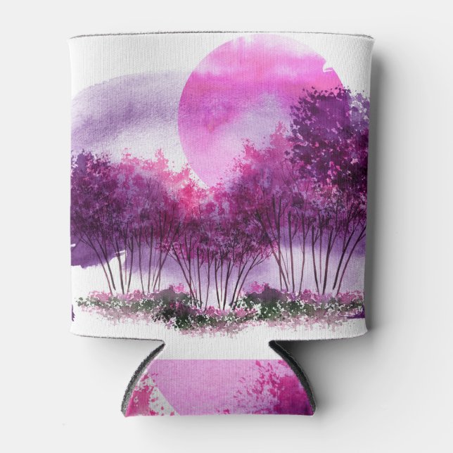 Rafraîchisseur Pour Canette Arbres roses : Aquarelle Paysage Silhouette. (Devant)