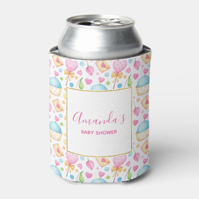 Rafraîchisseur Pour Canette Baby shower Motif d'aquarelle Coeurs et Cupcakes (Can devant)