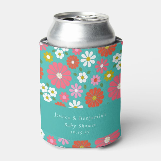 Rafraîchisseur Pour Canette Baby shower Retro Floral Turquoise Blue Custom (Can devant)