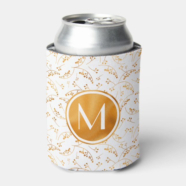 Rafraîchisseur Pour Canette Baies d'or monogramme élégant motif sur blanc (Can devant)