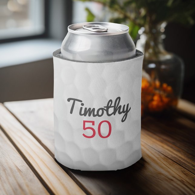Rafraîchisseur Pour Canette Ball de golf Dimples avec nom noir Numéro rouge (Personalized Can Cooler - add Your Name or Other Custom Text)