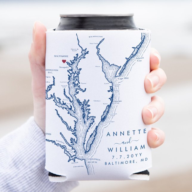 Rafraîchisseur Pour Canette Baltimore Maryland Mariage moderne peut refroidir (This Chesapeake Bay map can coozie is the perfect wedding favor for your Baltimore, Maryland wedding)
