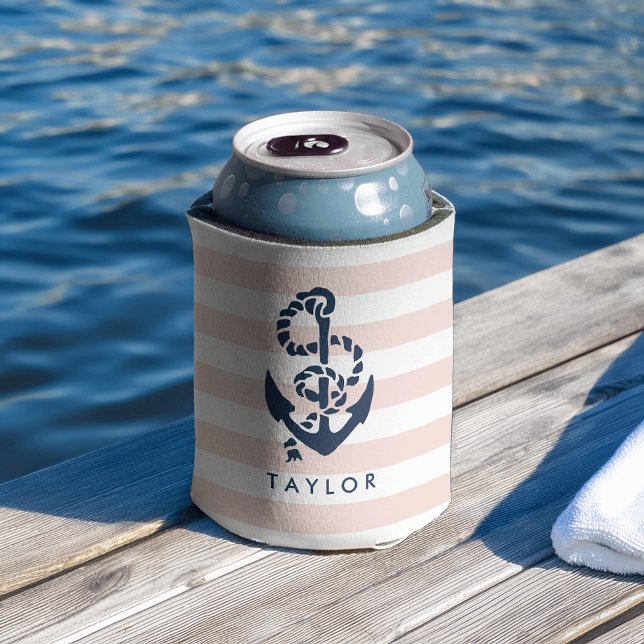Rafraîchisseur Pour Canette Bande rose marine et Ancre marine personnalisée (Créateur téléchargé)