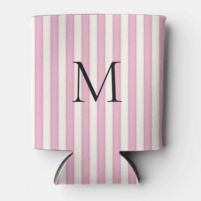 Rafraîchisseur Pour Canette Bandes de bonbons roses et ivoire Monogrammes (Devant)