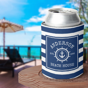 Rafraîchisseur Pour Canette Beach House Ancre nautique corde Helm Bleu rayé