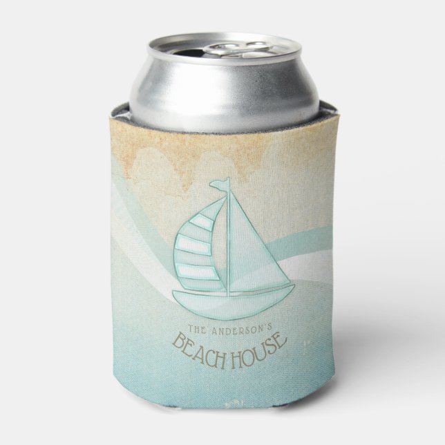 Rafraîchisseur Pour Canette Beach House Nautical Voilier Aqua Blue ID623 (Can devant)