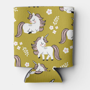 Rafraîchisseur Pour Canette Bébé licornes, fleurs, motif vintage jaune.