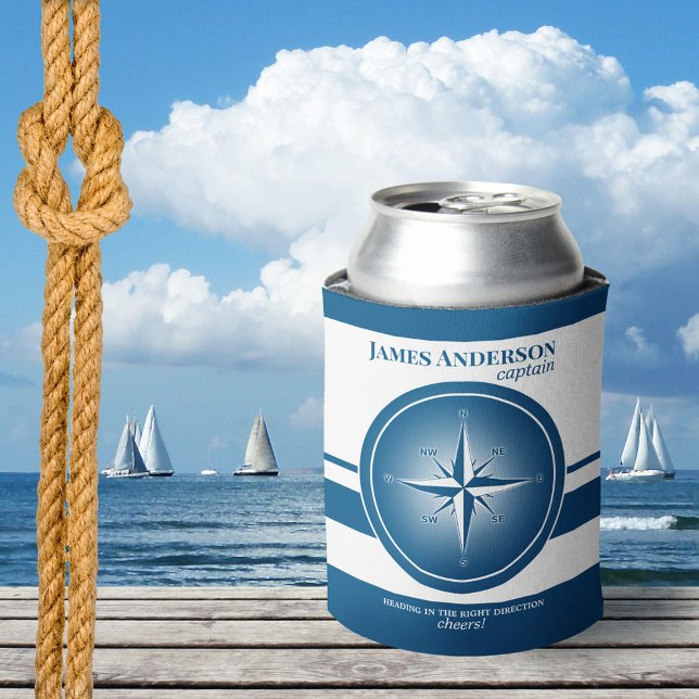 Rafraîchisseur Pour Canette Bleu Bleu Bleu Compas Nautique Pâte de refroidisse (Can cooler featuring a nautical compass with stripes in navy blue and white.)