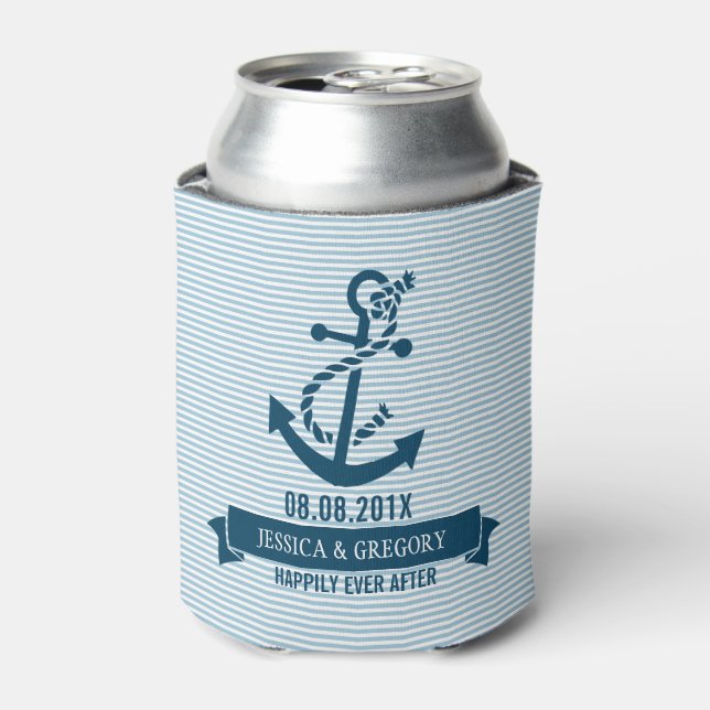 Rafraîchisseur Pour Canette Bleu Et Blanc Stripes & Ancre Nautique Bateau (Can devant)