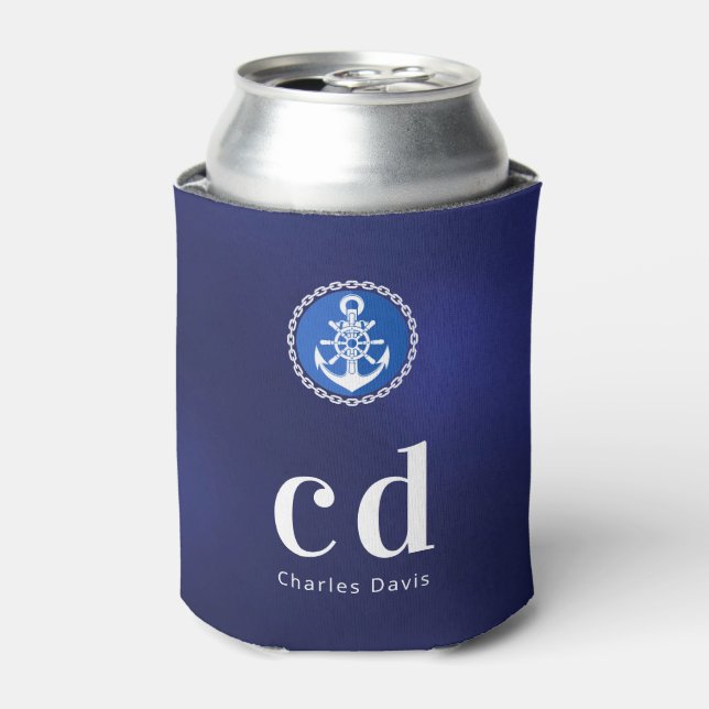 Rafraîchisseur Pour Canette Bleu marine blanc monogramme initiales nom (Can devant)