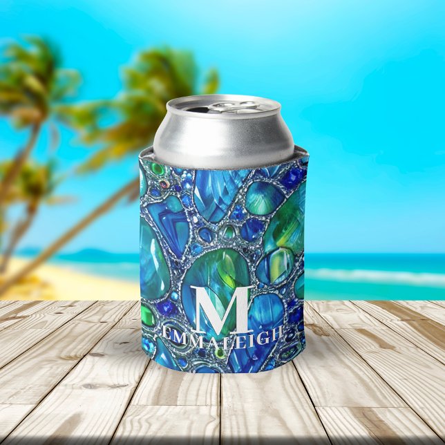 Rafraîchisseur Pour Canette Bleu vert étincelant Gemmes en verre Monogramme (Créateur téléchargé)