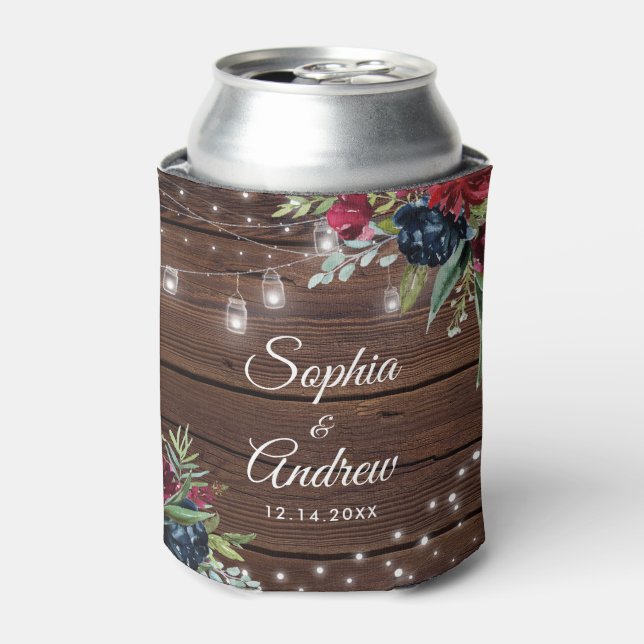 Rafraîchisseur Pour Canette Bois rustique Bourgogne Floral Lumières Mariage (Can devant)