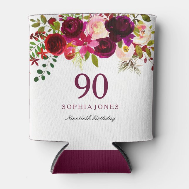 Rafraîchisseur Pour Canette Bourgogne Floral Boho 90e anniversaire (Devant)
