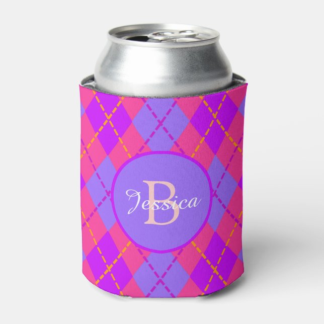 Rafraîchisseur Pour Canette Bright Pink and Blue Argyle Pattern Monogram (Can devant)