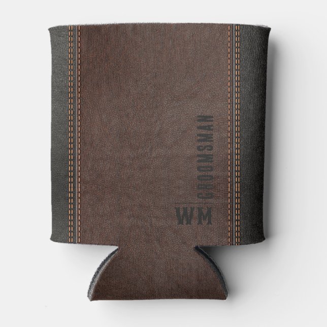 Rafraîchisseur Pour Canette Brown Faux en cuir Monogramme Groomsman Cadeau (Devant)
