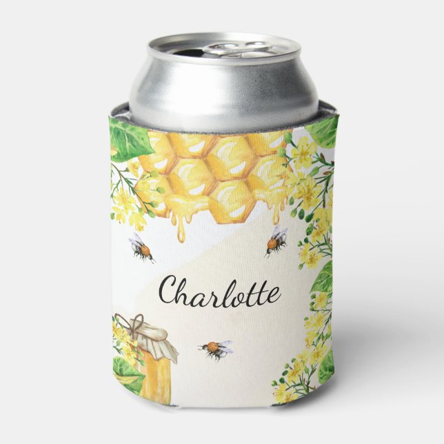 Rafraîchisseur Pour Canette Bumble abeilles miel fleurons jaunes monogramme (Can devant)