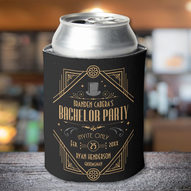 Rafraîchisseur Pour Canette Cadeau de fête de garçon Art Déco Speakeasy (bachelor party can cooler Art Deco speakeasy 1920s theme gold and black groomsmen best man gift)