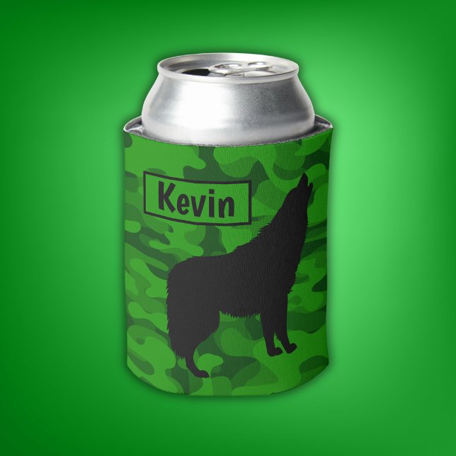 Rafraîchisseur Pour Canette Camo vert moderne noir Wolf Silhouette Monogramme  (Créateur téléchargé)
