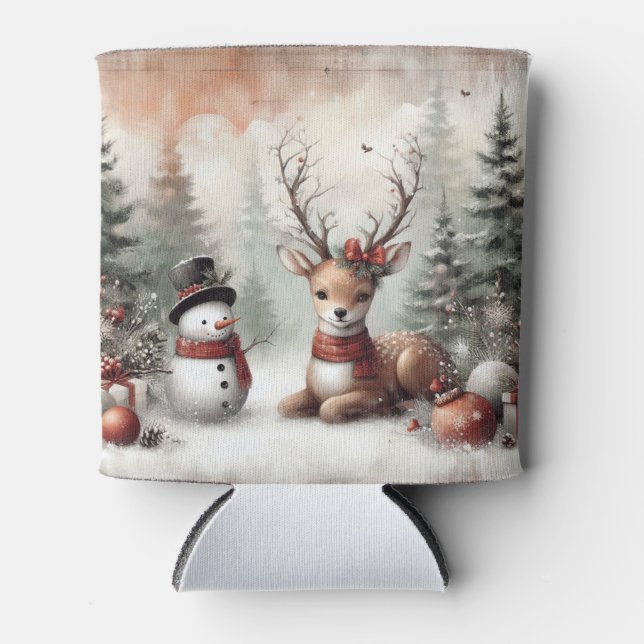 Rafraîchisseur Pour Canette Cerf de Noël/bonhomme de neige en bois classique (Devant)
